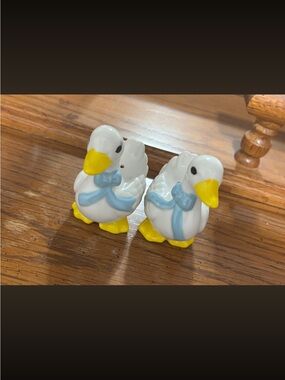 Ceramic White Duck Salt and Pepper Shakers with Light Blue Bows